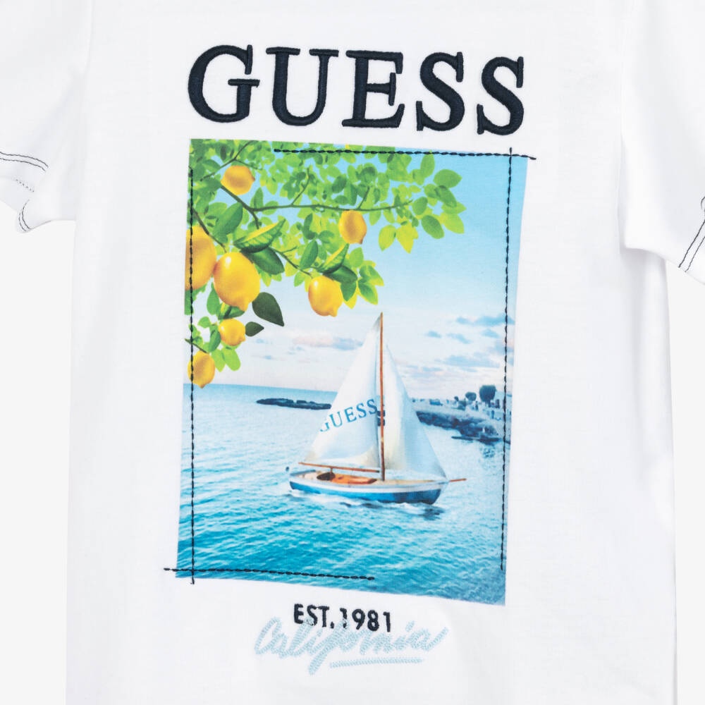 Guess-Boys White Cotton T-Shirt with Sail Boat & Embroidered Logo | Childrensalon