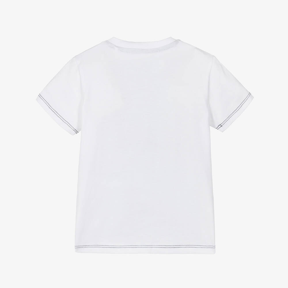 Guess-Boys White Cotton T-Shirt with Sail Boat & Embroidered Logo | Childrensalon