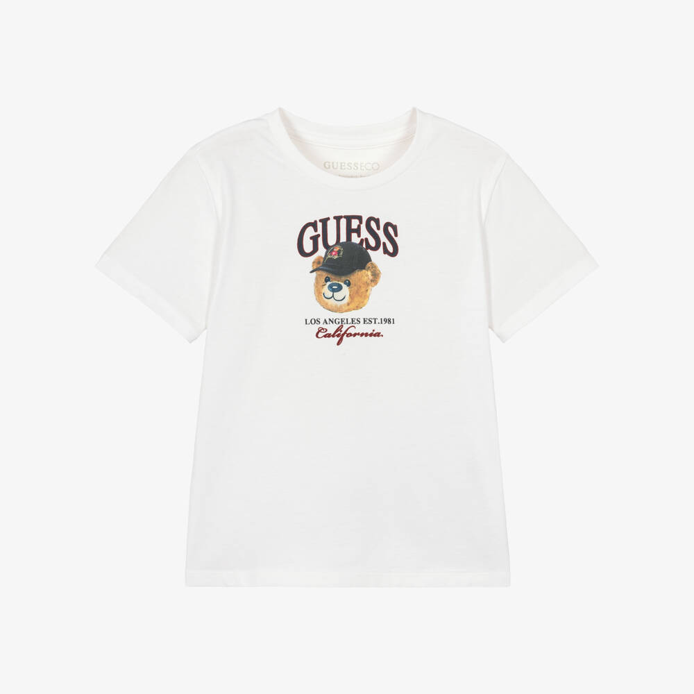Guess-Boys White Cotton T-Shirt with Teddy Logo | Childrensalon