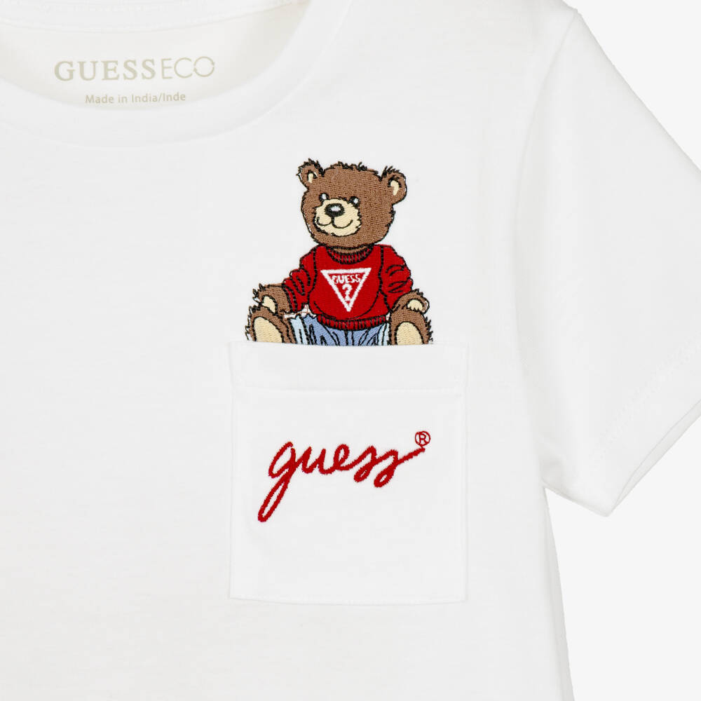 Guess-Boys White Cotton T-Shirt with Teddy Pocket | Childrensalon