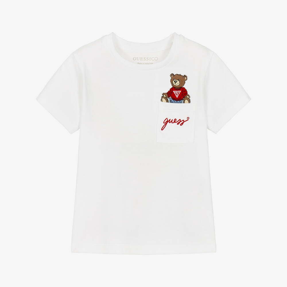 Guess-Boys White Cotton T-Shirt with Teddy Pocket | Childrensalon