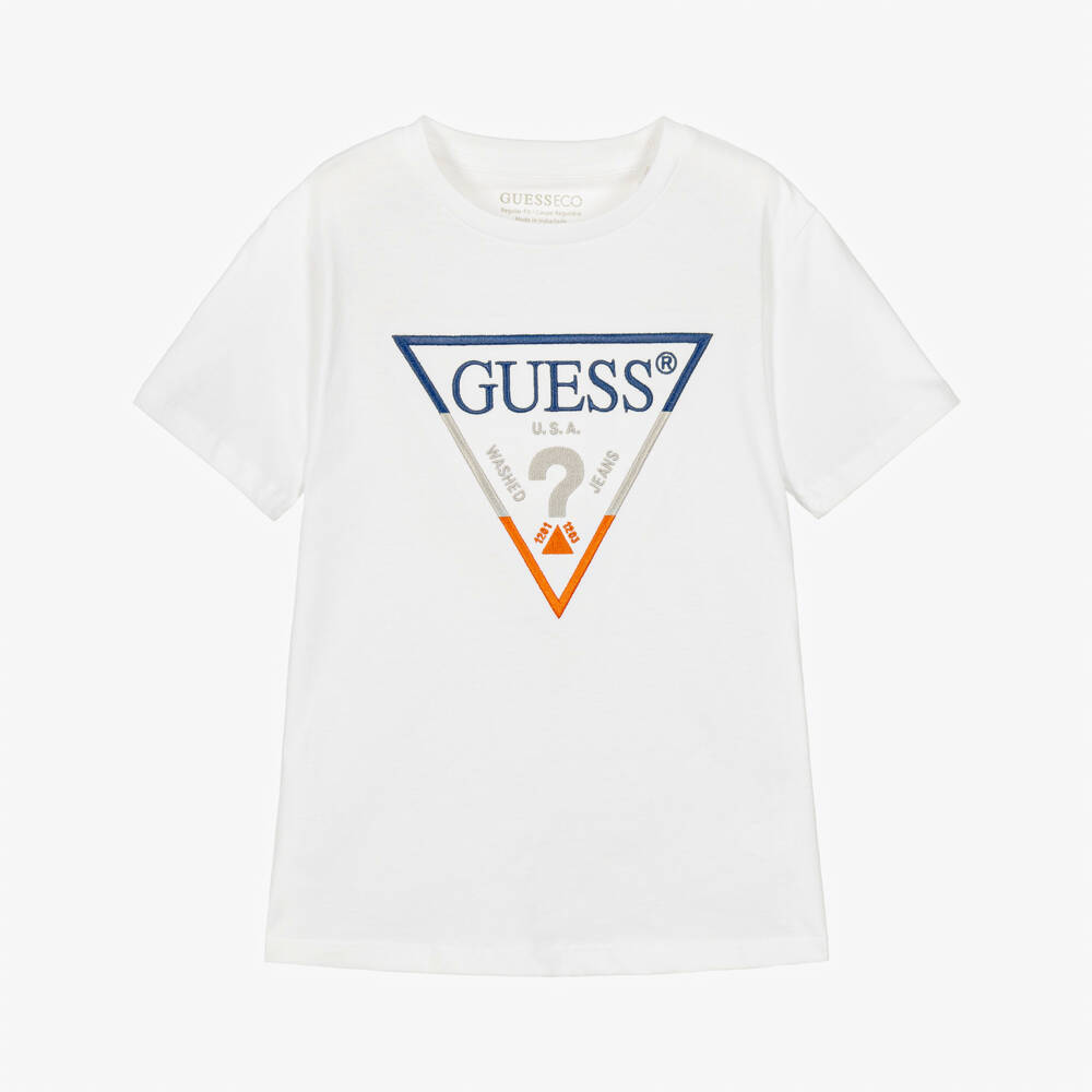 Guess-Boys White Cotton Triangle Logo T-Shirt | Childrensalon
