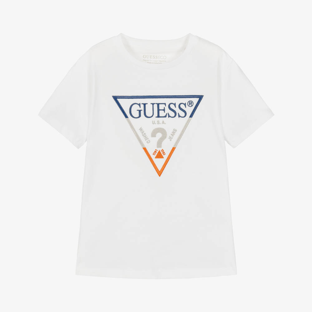 Guess-Boys White Cotton Triangle Logo T-Shirt | Childrensalon