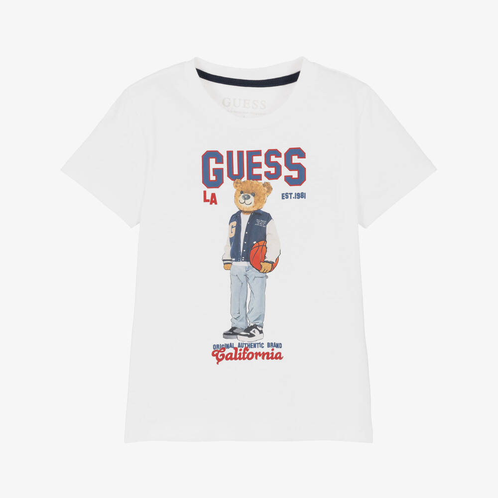 Guess-Boys White Cotton Varsity Bear T-Shirt | Childrensalon