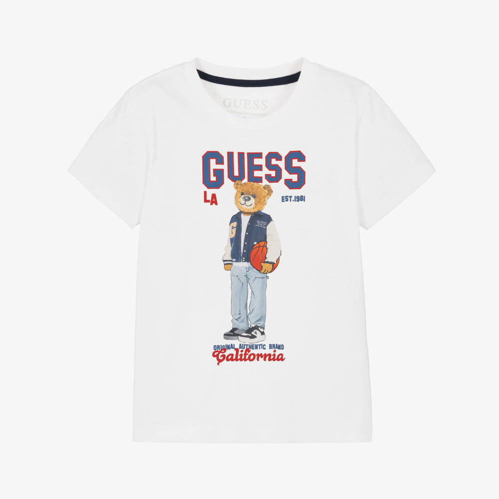 Guess-Boys White Cotton Varsity Bear T-Shirt | Childrensalon