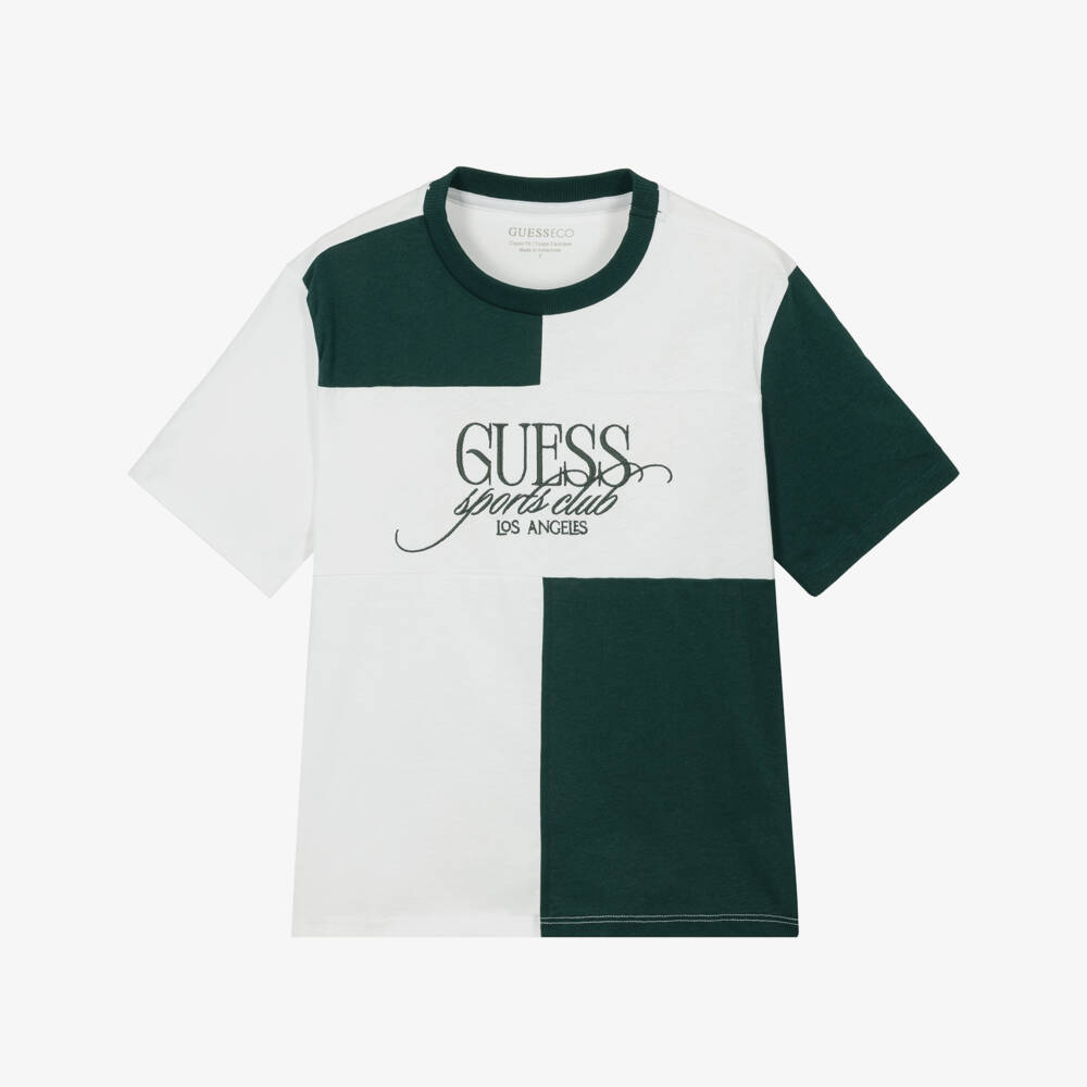 Guess-Boys White & Green Cotton Colourblock T-Shirt | Childrensalon