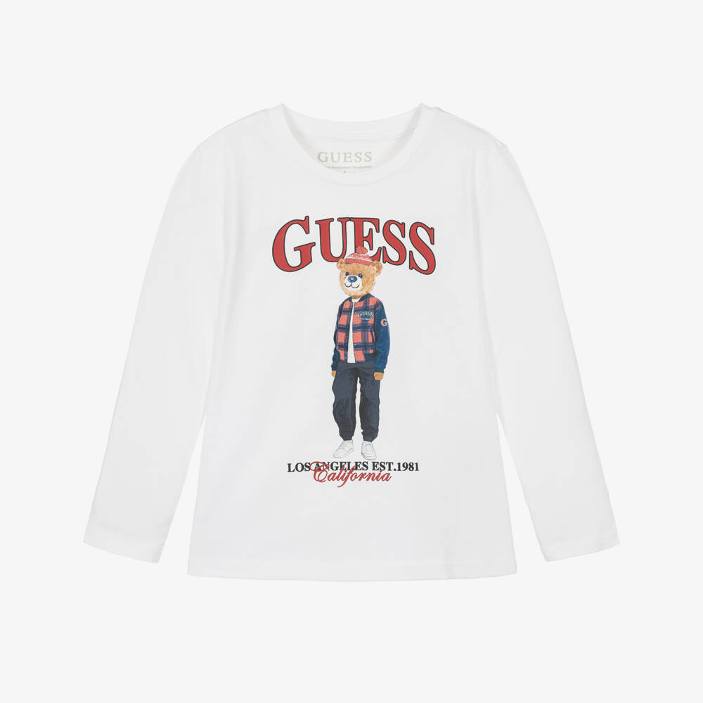Guess-Boys White Long Sleeve T-Shirt with Bear Print | Childrensalon