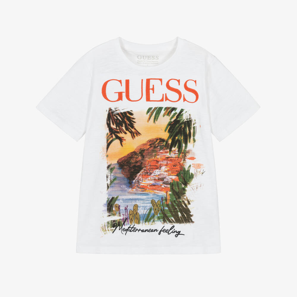 Guess-Boys White Mediterranean Motif Cotton Jersey T-Shirt | Childrensalon