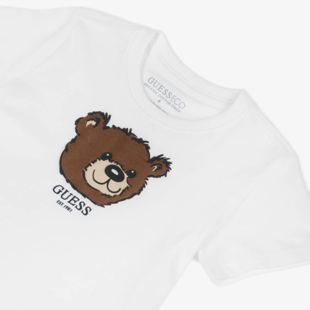 Guess-تيشيرت بشعار دب قطن عضوي لون أبيض للأولاد  | Childrensalon
