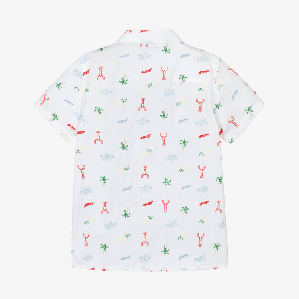 Guess-Boys White Oxford Cotton Short Sleeve Embroidered Shirt | Childrensalon