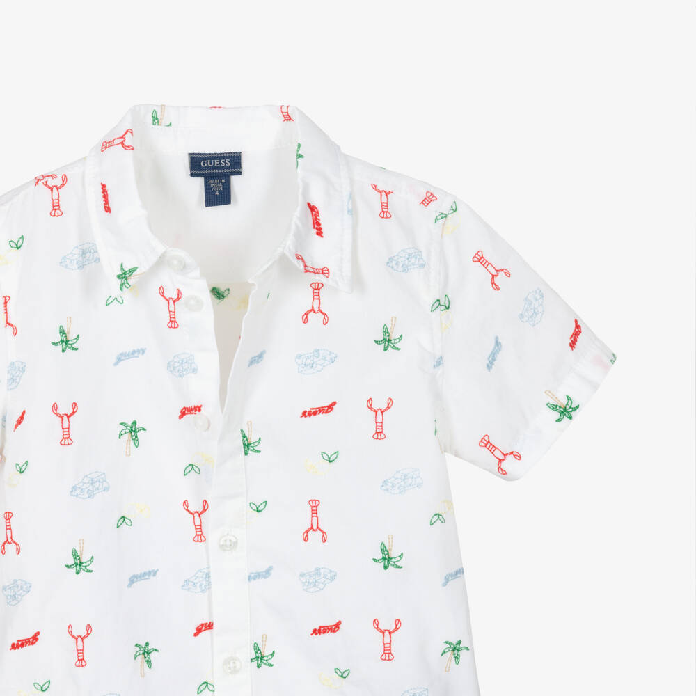 Guess-Boys White Oxford Cotton Short Sleeve Embroidered Shirt | Childrensalon