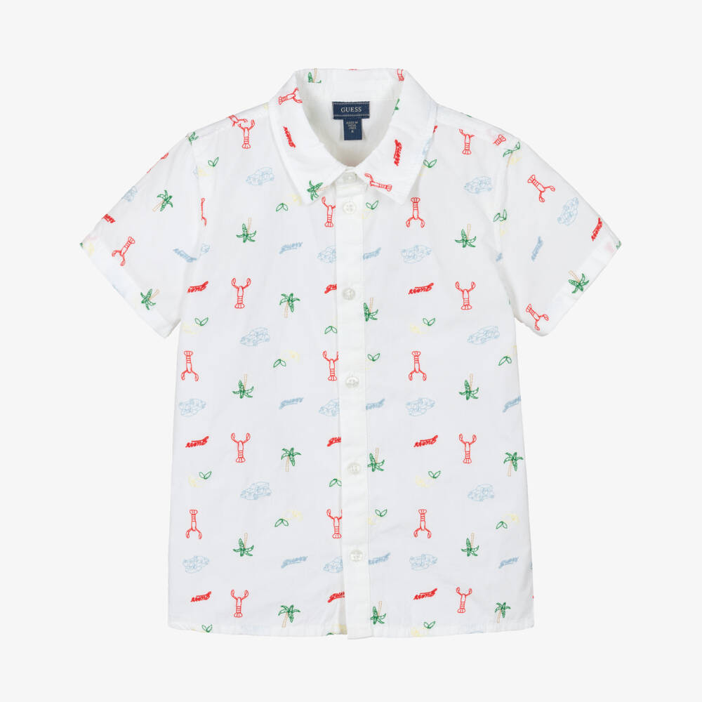 Guess-Boys White Oxford Cotton Short Sleeve Embroidered Shirt | Childrensalon