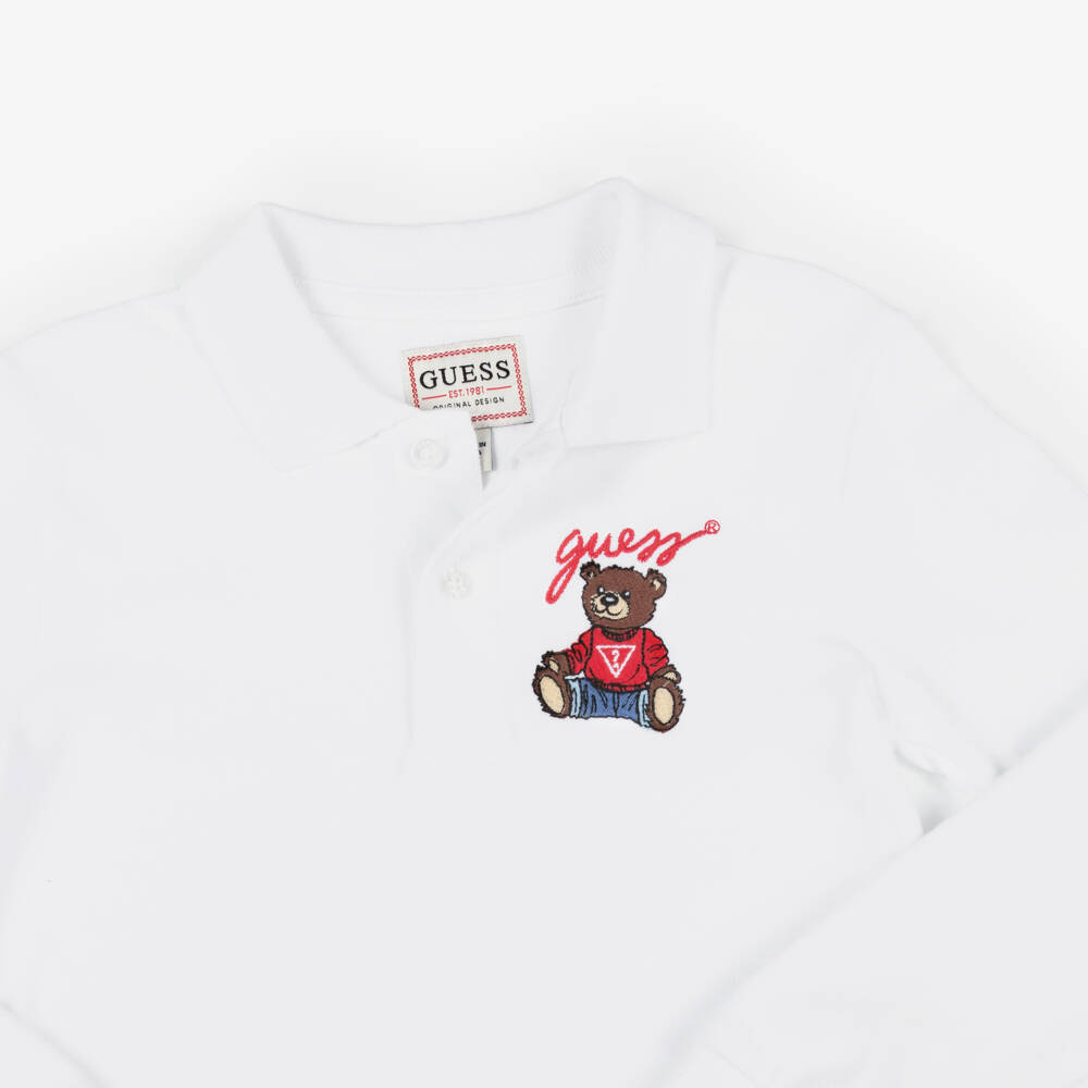 Guess-Boys White Piqué Teddy Bear Long Sleeved Polo Shirt | Childrensalon