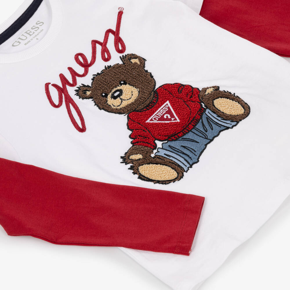 Guess-Boys White & Red Cotton Teddy Bear Logo Top | Childrensalon