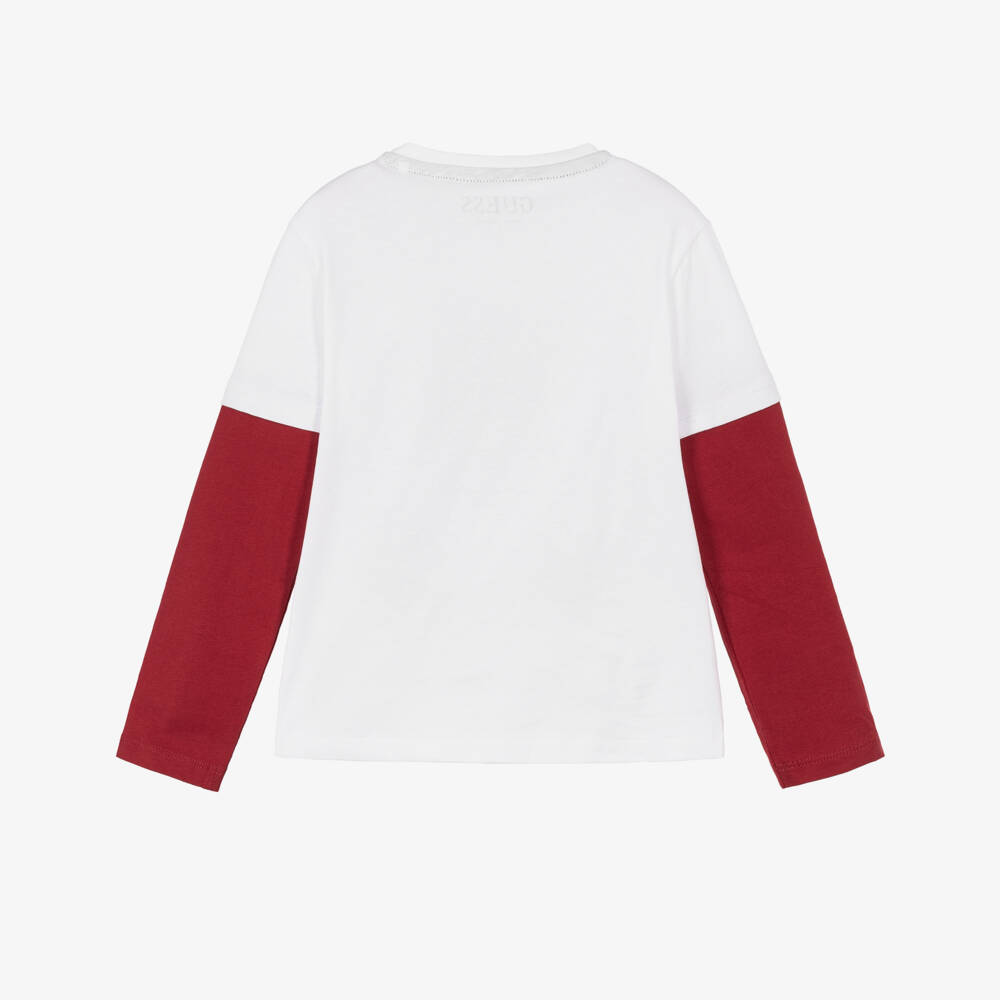 Guess-Boys White & Red Cotton Teddy Bear Logo Top | Childrensalon