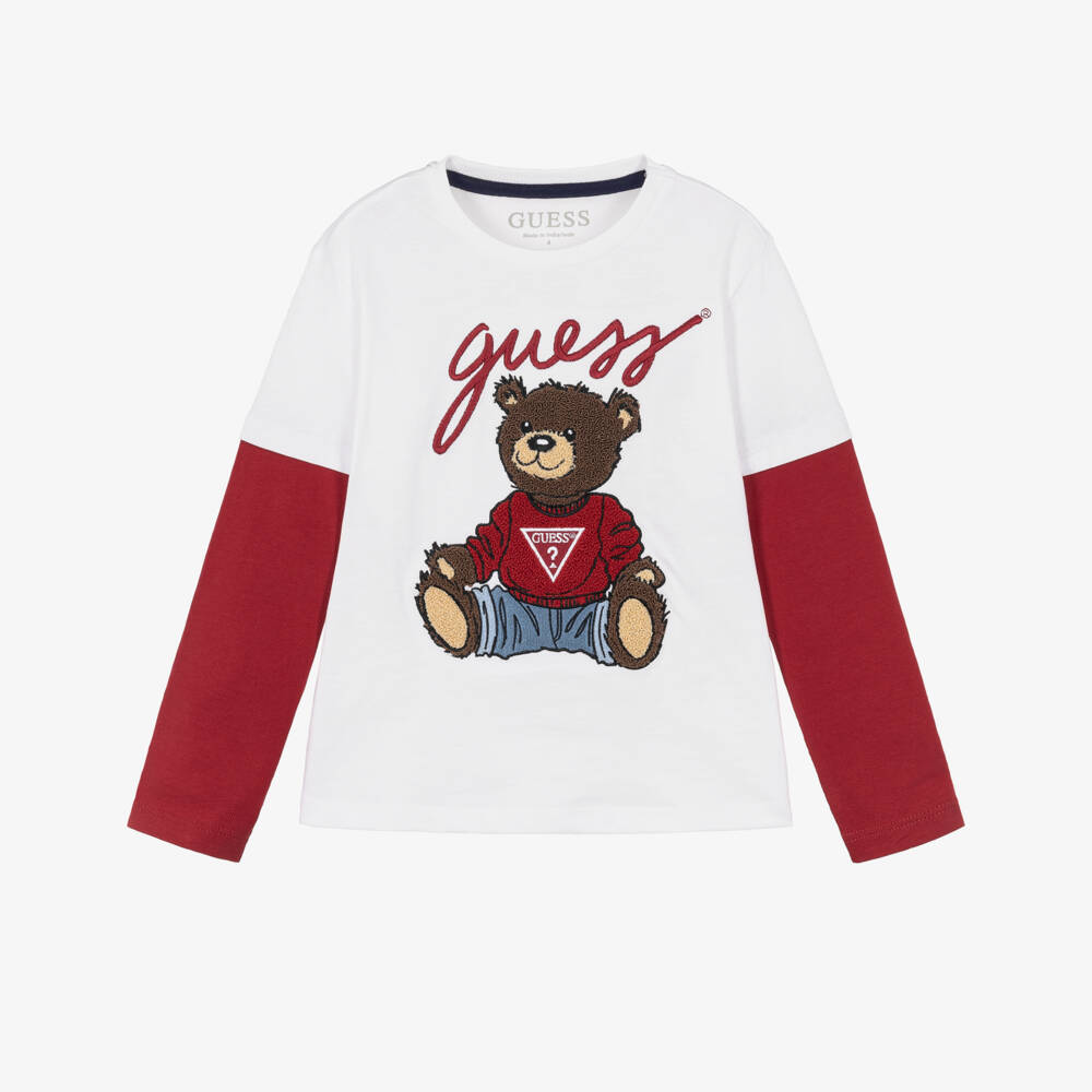 Guess-Boys White & Red Cotton Teddy Bear Logo Top | Childrensalon