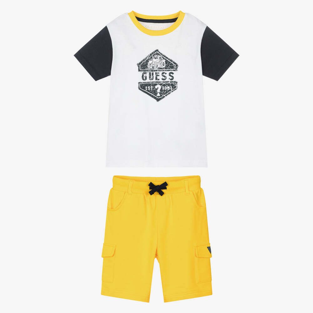 Guess-طقم شورت وتيشيرت قطن لون أبيض وأصفر للأولاد | Childrensalon