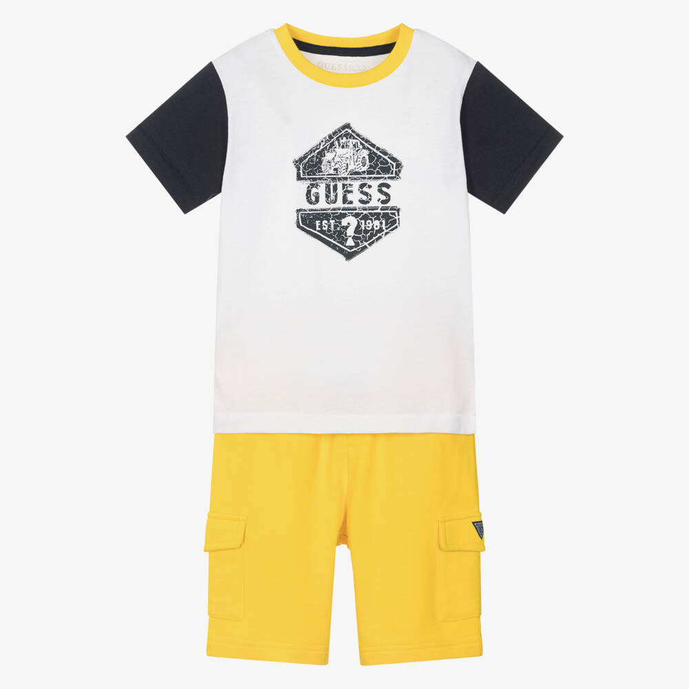 Guess-Boys White T-Shirt & Yellow Cotton Jersey Shorts Set | Childrensalon