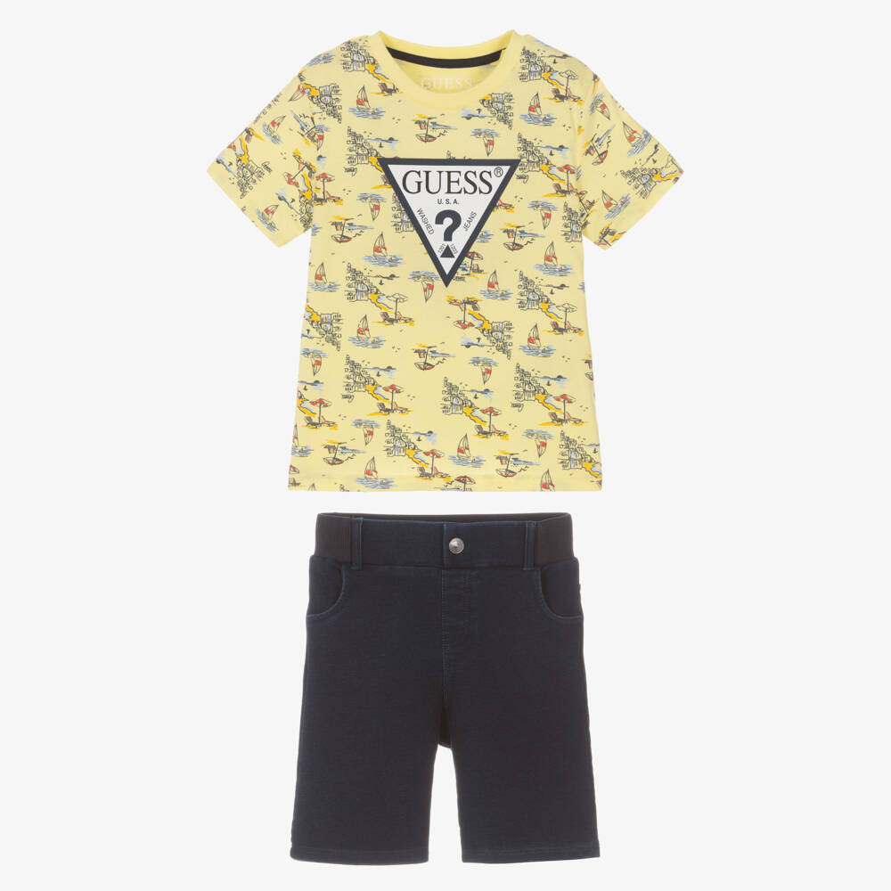 Guess-Boys Yellow & Blue Cotton Beach Themed Shorts Set | Childrensalon