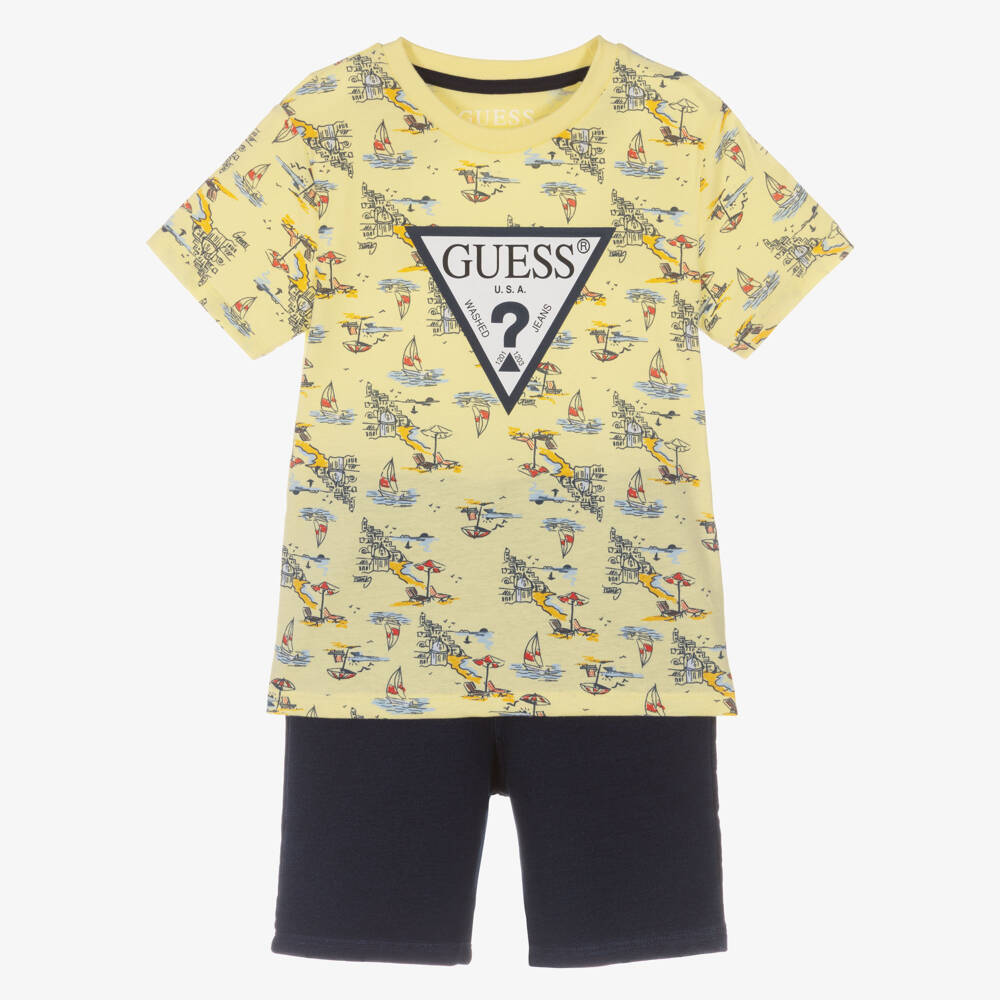 Guess-Boys Yellow & Blue Cotton Beach Themed Shorts Set | Childrensalon