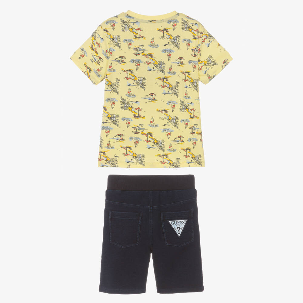 Guess-Boys Yellow & Blue Cotton Beach Themed Shorts Set | Childrensalon