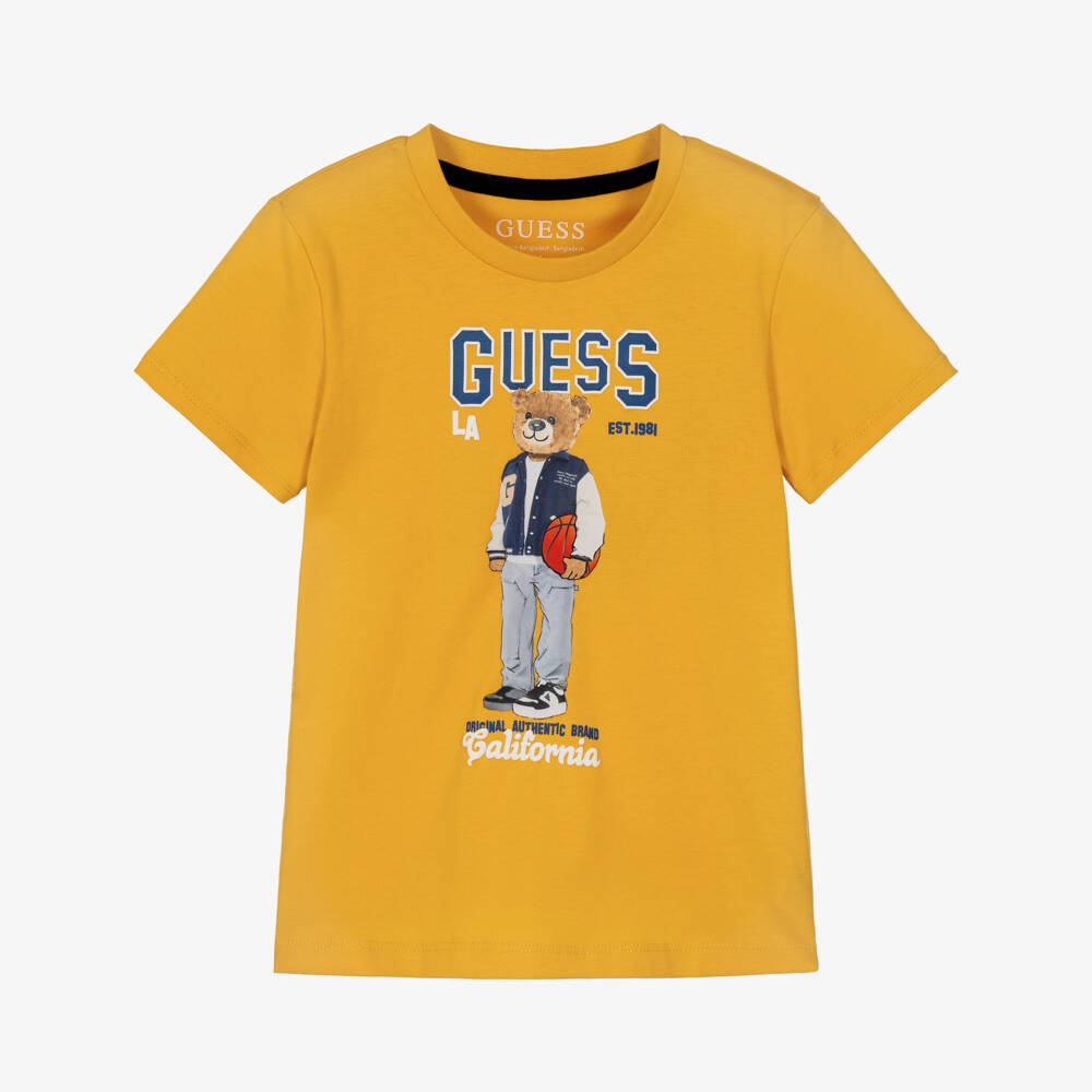 Guess-Boys Yellow Cotton Varsity Bear T-Shirt | Childrensalon