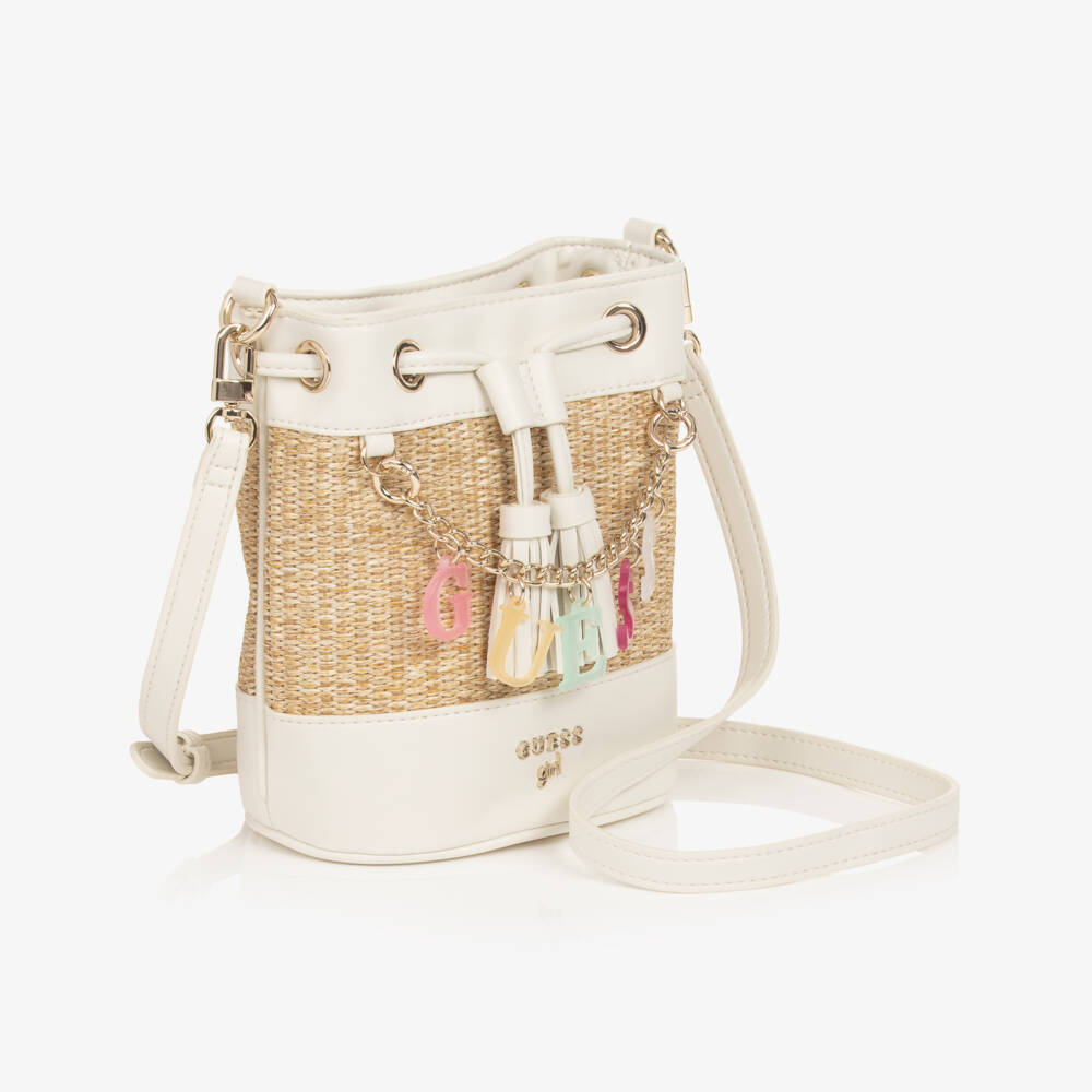 Guess-Girl Ivory & Beige Straw Bucket Bag (20cm) | Childrensalon