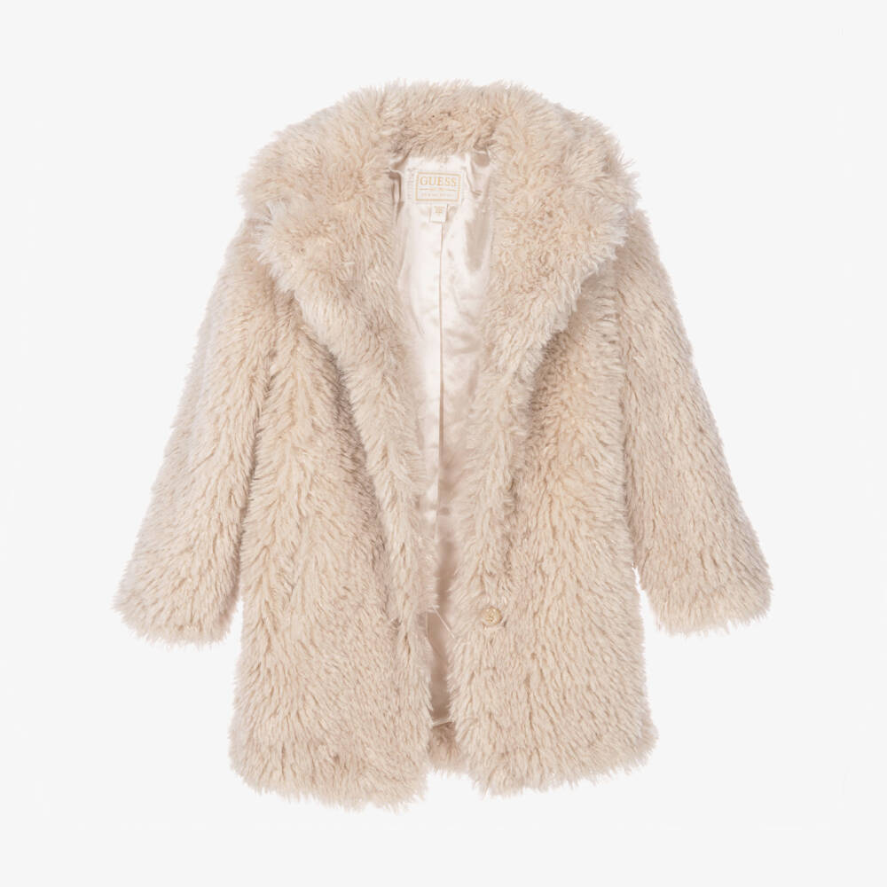 Guess-Girls Beige Fluffy Faux Fur Coat | Childrensalon