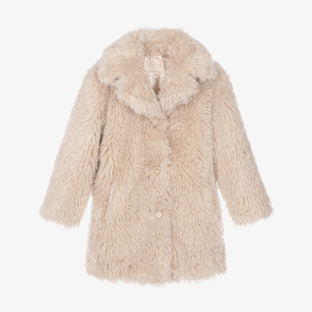 Guess-Girls Beige Fluffy Faux Fur Coat | Childrensalon