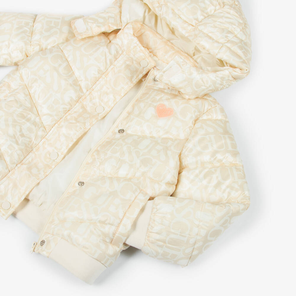 Guess-Girls Beige & Ivory Logo Puffer Jacket | Childrensalon