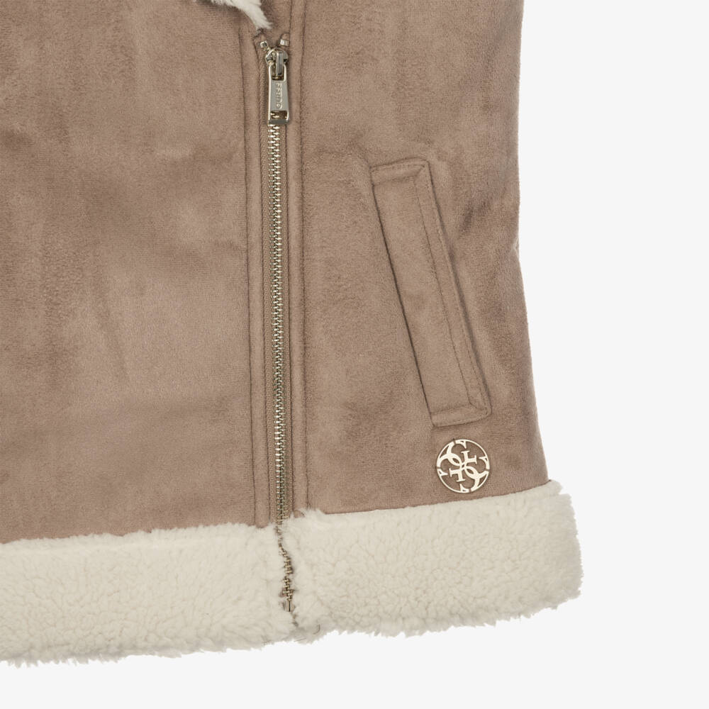 Guess-Girls Beige & Ivory Sherpa Fleece Gilet | Childrensalon