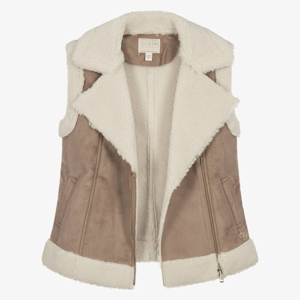 Guess-Girls Beige & Ivory Sherpa Fleece Gilet | Childrensalon
