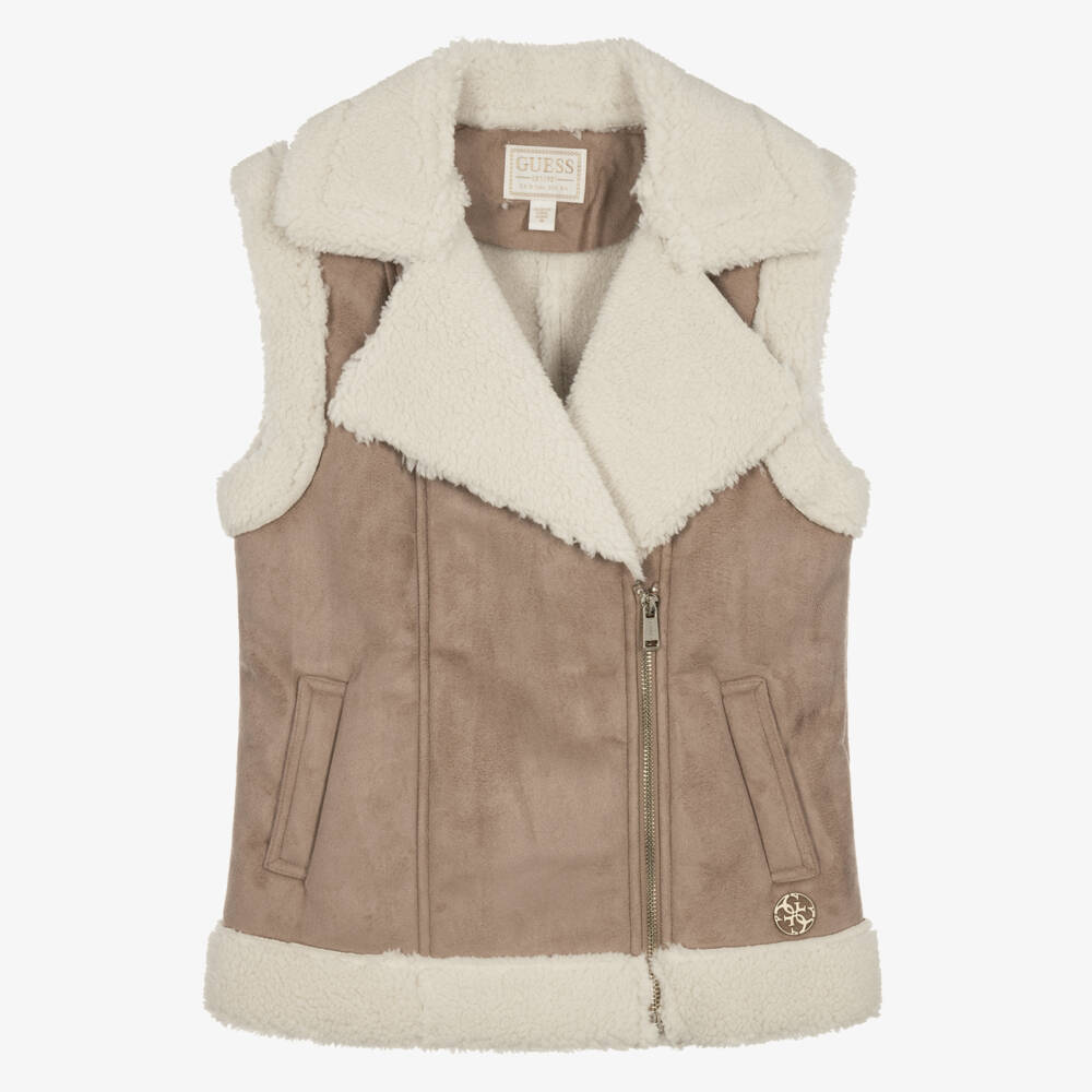 Guess-Girls Beige & Ivory Sherpa Fleece Gilet | Childrensalon