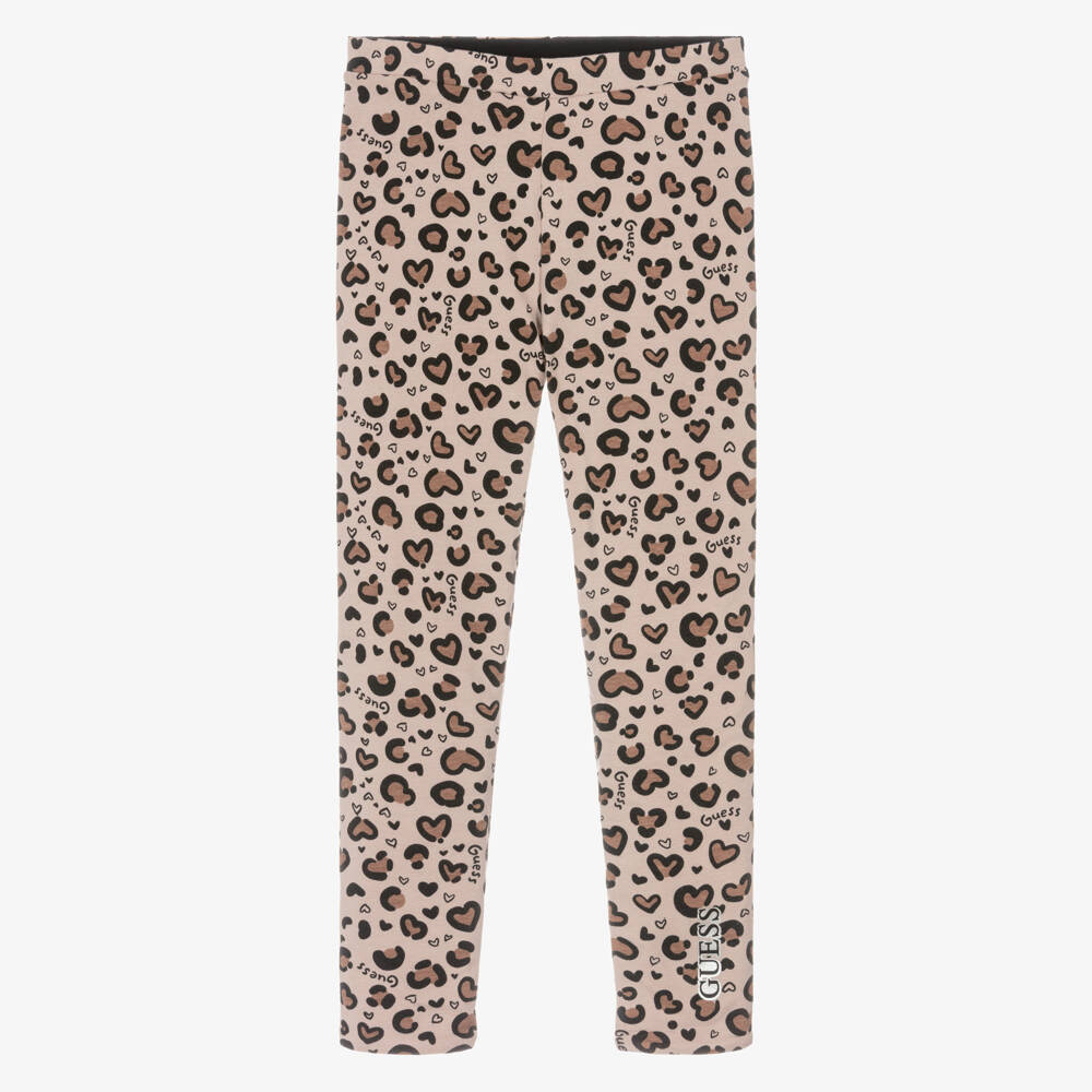 Guess-Girls Beige Leopard Print Reversible Cotton Leggings | Childrensalon