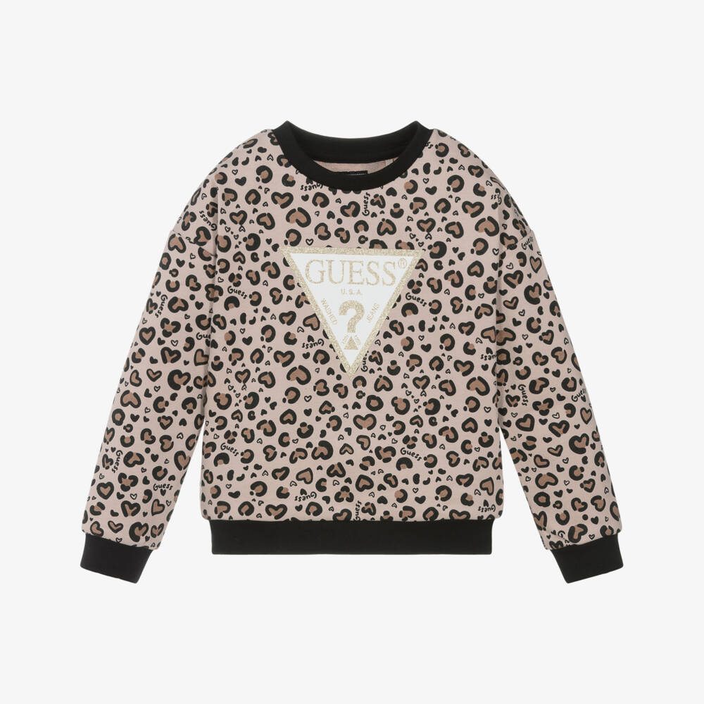 Guess-Girls Beige Leopard Print Sweatshirt with Triangle Logo | Childrensalon
