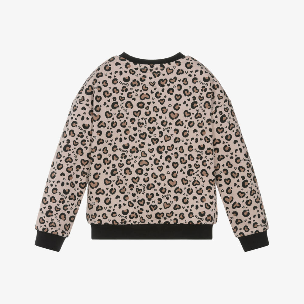 Guess-Girls Beige Leopard Print Sweatshirt with Triangle Logo | Childrensalon