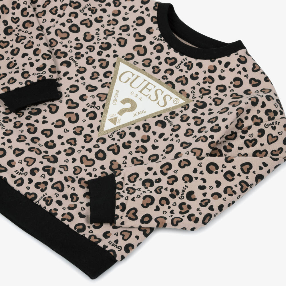 Guess-Girls Beige Leopard Print Sweatshirt with Triangle Logo | Childrensalon