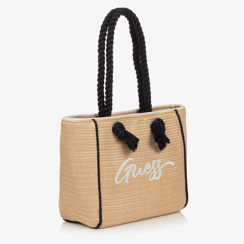 Guess-Girls Beige Straw Tote with Rope Handles (36cm) | Childrensalon