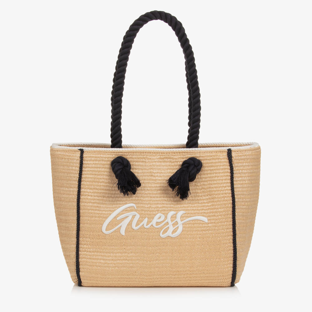 Guess-Girls Beige Straw Tote with Rope Handles (36cm) | Childrensalon