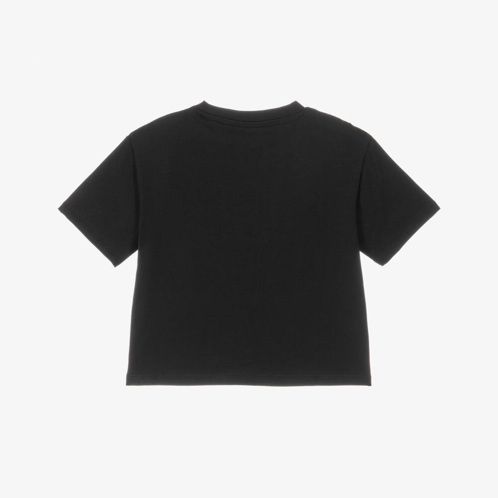 Guess-Girls Black Cotton Boxy T-Shirt with Pink Logo | Childrensalon