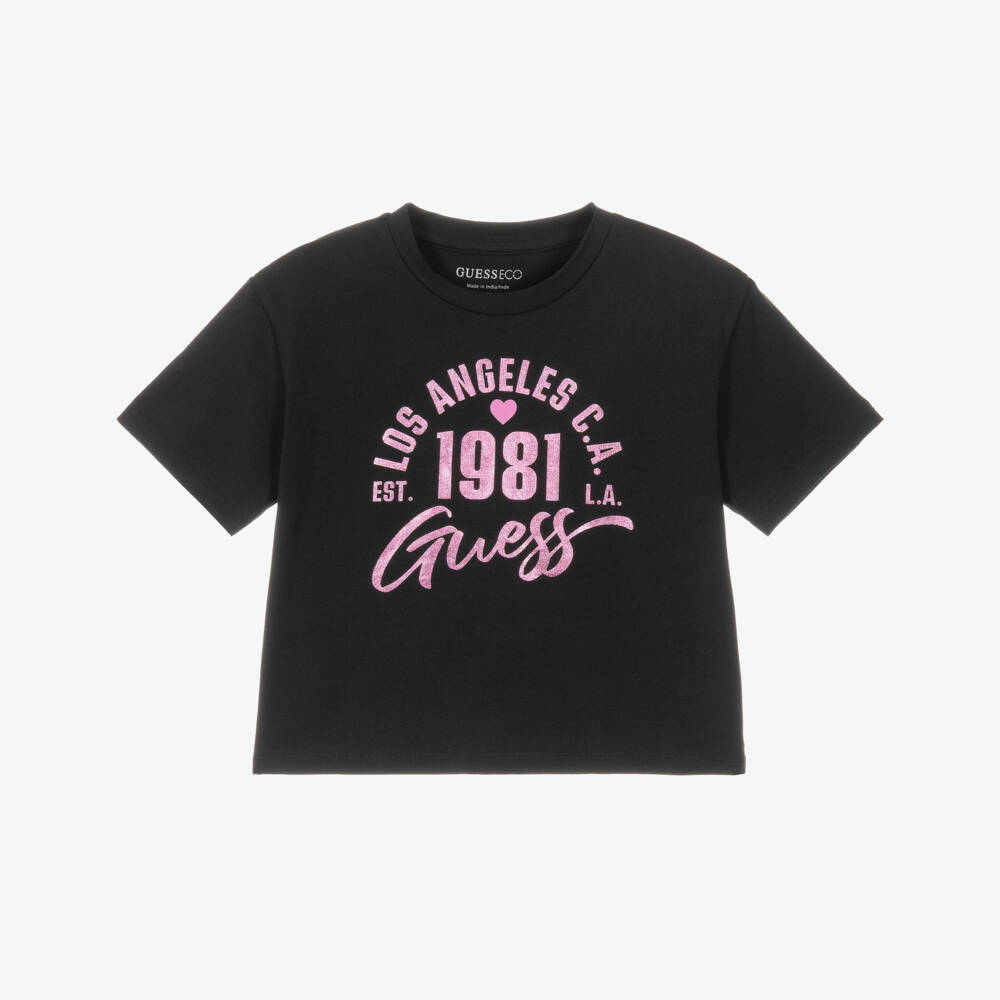 Guess-Girls Black Cotton Boxy T-Shirt with Pink Logo | Childrensalon