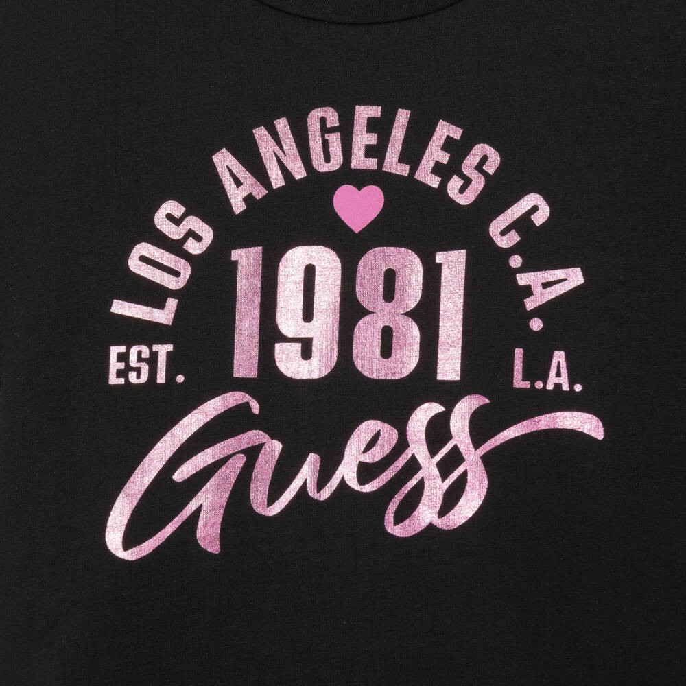 Guess-Girls Black Cotton Boxy T-Shirt with Pink Logo | Childrensalon
