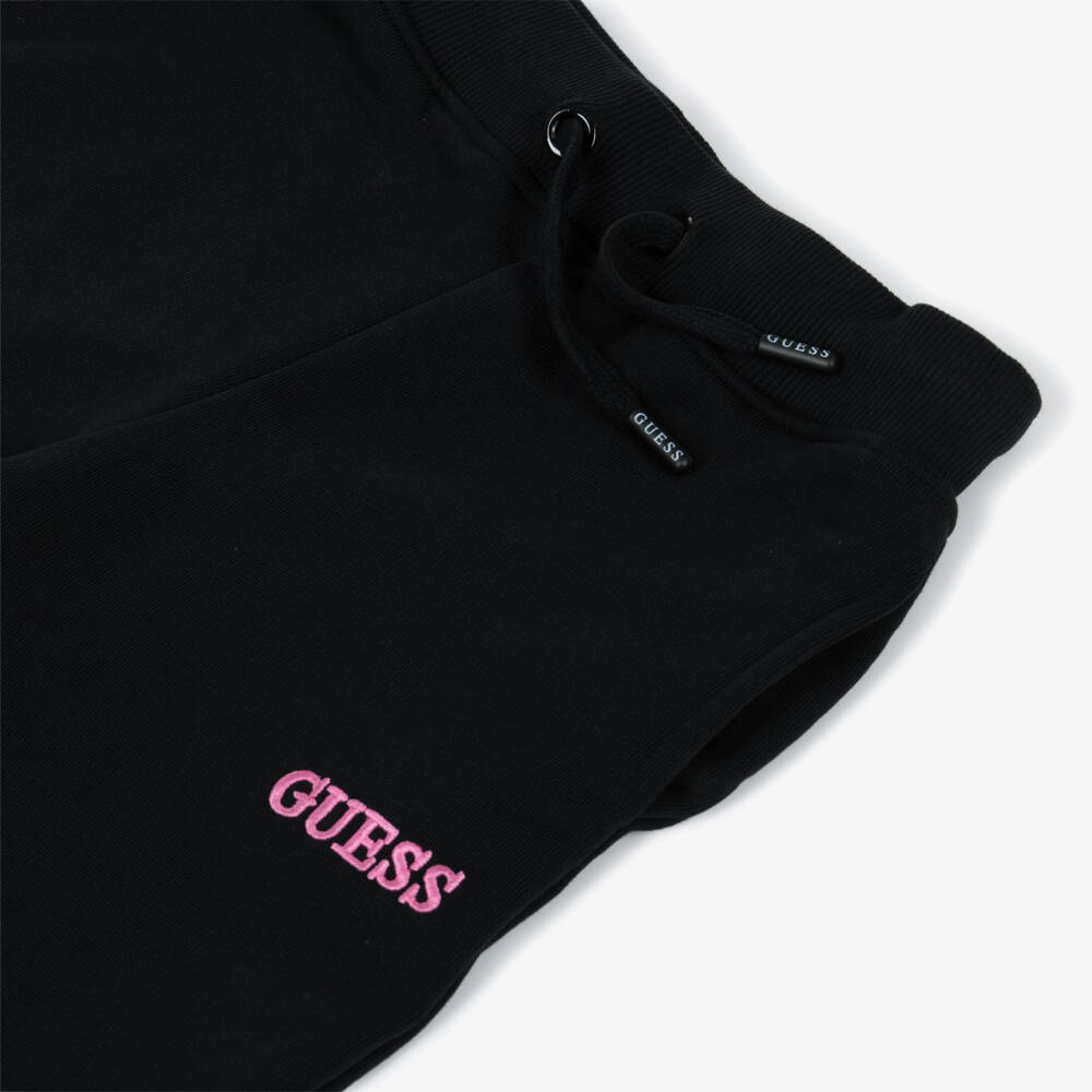 Guess-Girls Black Cotton Joggers with Pink Embroidered Logo | Childrensalon