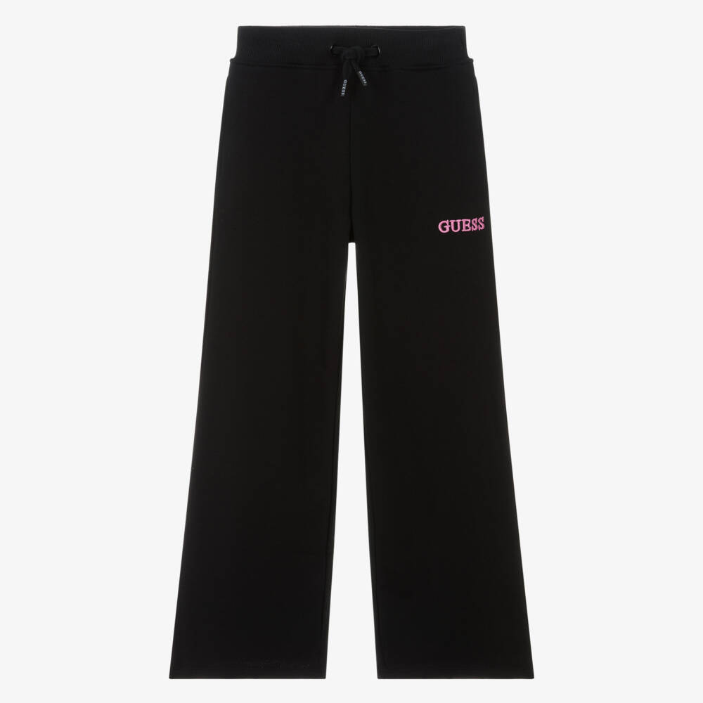 Guess-Girls Black Cotton Joggers with Pink Embroidered Logo | Childrensalon