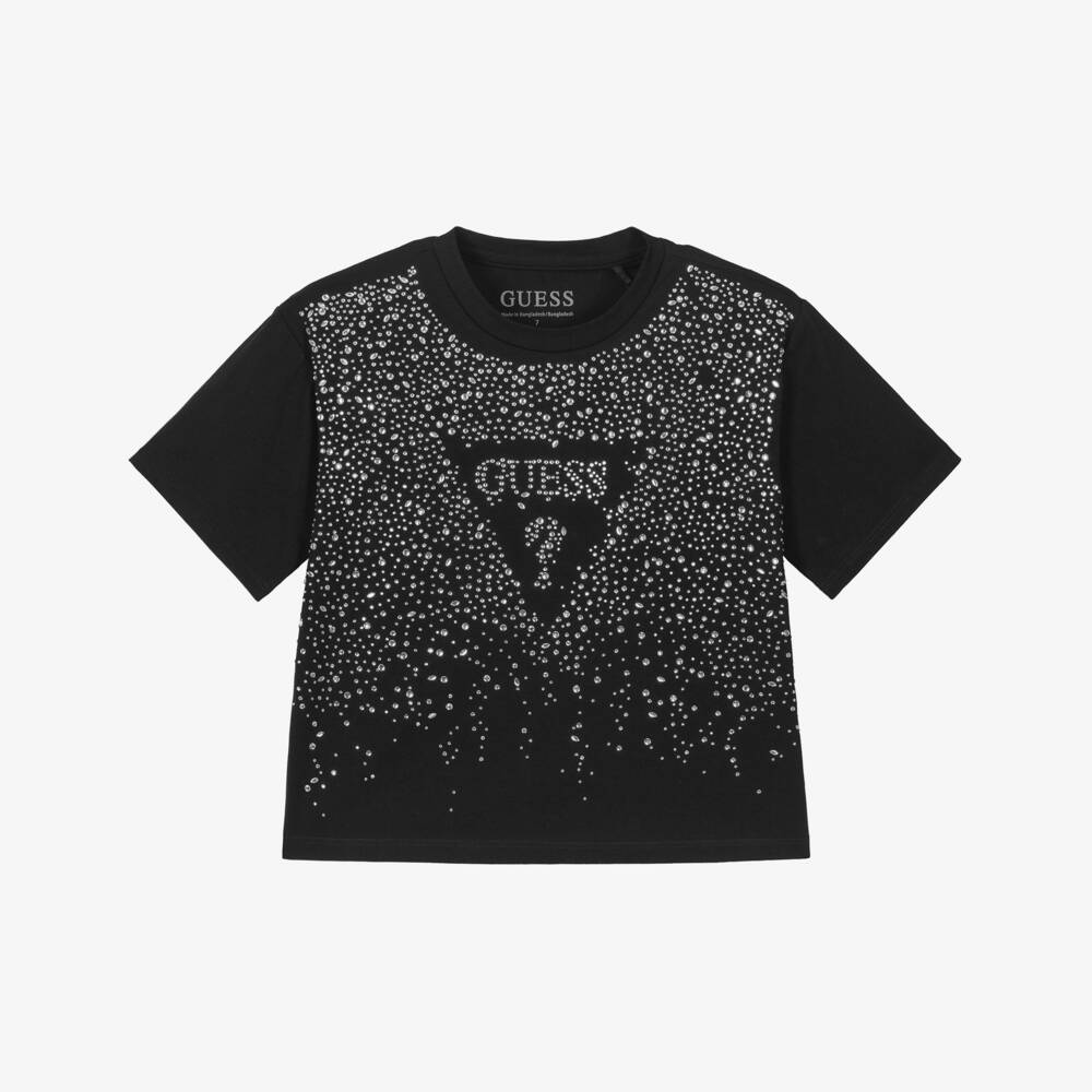 Guess-Girls Black Cotton & Rhinestone Logo T-Shirt | Childrensalon