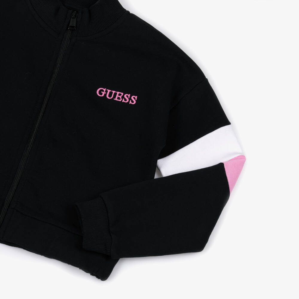 Guess-Кофта на молнии черная хлопковая с розовой вышивкой логотипа для девочек | Childrensalon