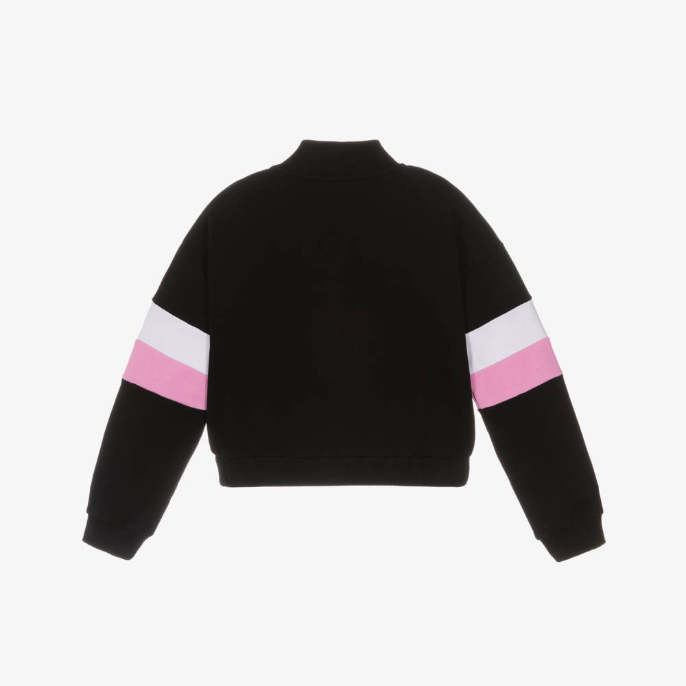 Guess-Кофта на молнии черная хлопковая с розовой вышивкой логотипа для девочек | Childrensalon