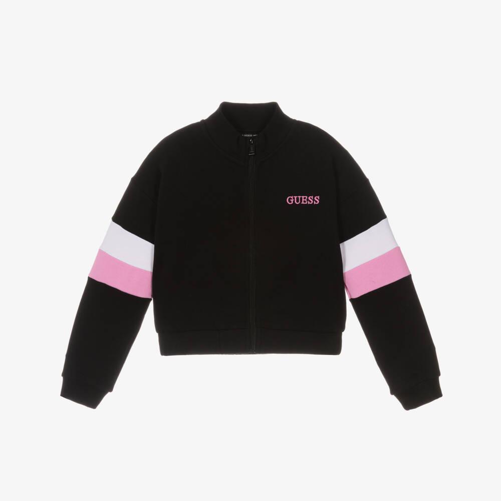 Guess-Girls Black Cotton Zip-Up Top with Pink Embroidered Logo | Childrensalon