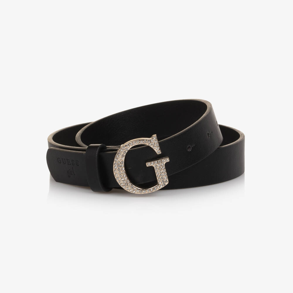 Guess-حزام جلد صناعي بإبزيم مرصع لون أسود للبنات | Childrensalon