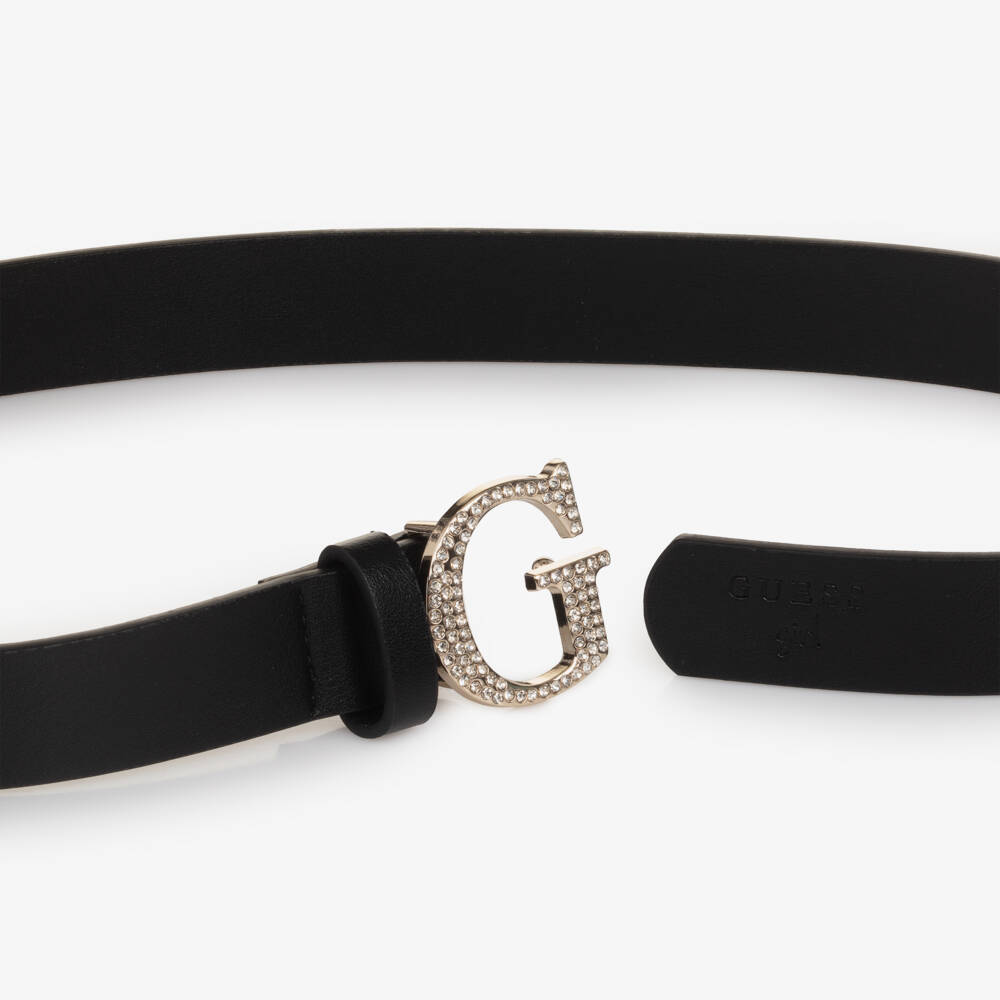 Guess-حزام جلد صناعي بإبزيم مرصع لون أسود للبنات | Childrensalon